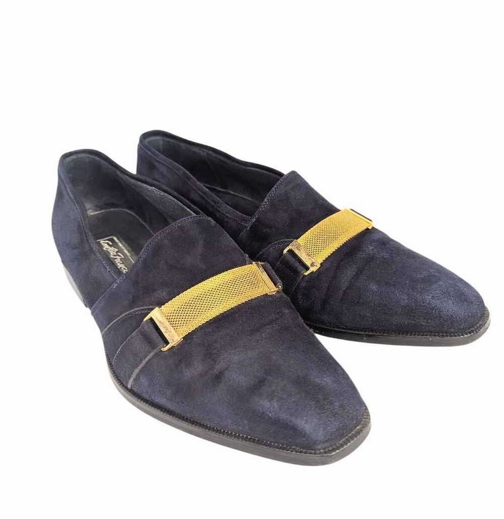 Vintage Emilio Franco Navy Blue suede gold accent loafers mens 9